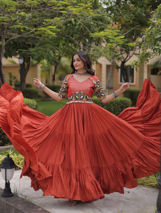 Rust Kutchi Gamthi Work Gown With Lace Touch Up