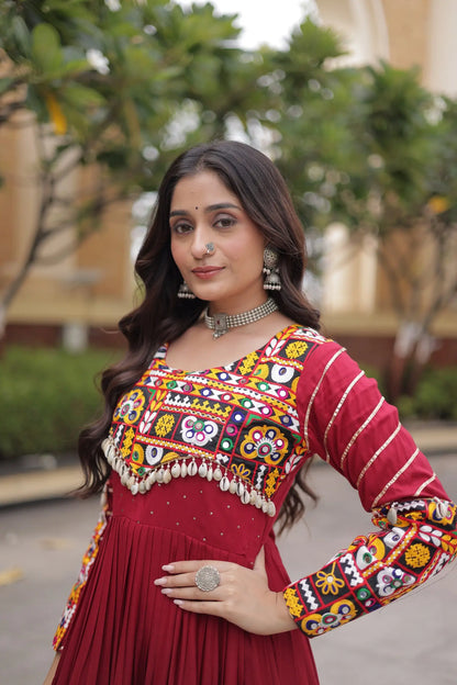 Maroon Gamthi Work Gown With Lace Touch Up