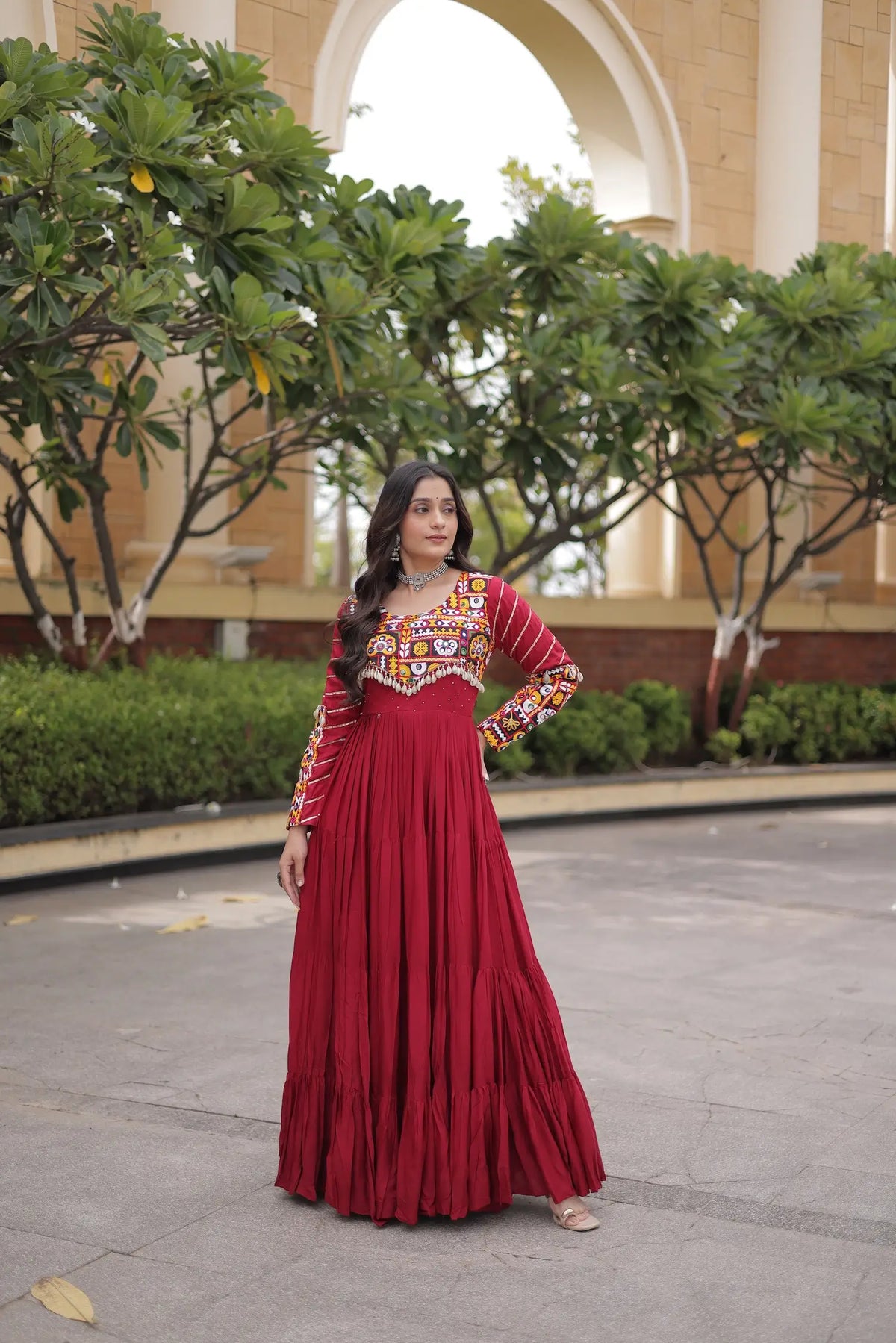 Maroon Gamthi Work Gown With Lace Touch Up