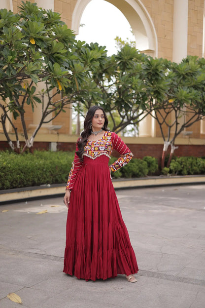 Maroon Gamthi Work Gown With Lace Touch Up
