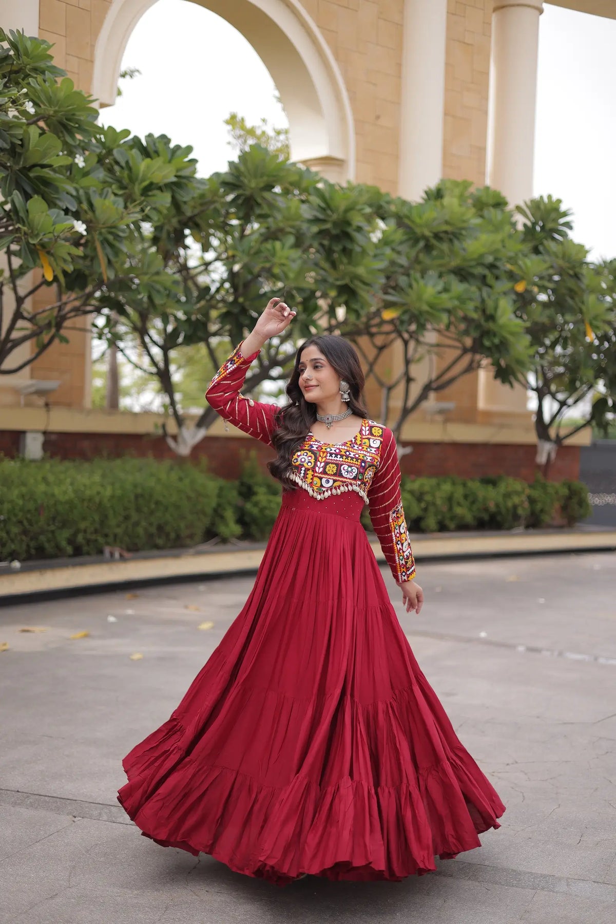 Maroon Gamthi Work Gown With Lace Touch Up