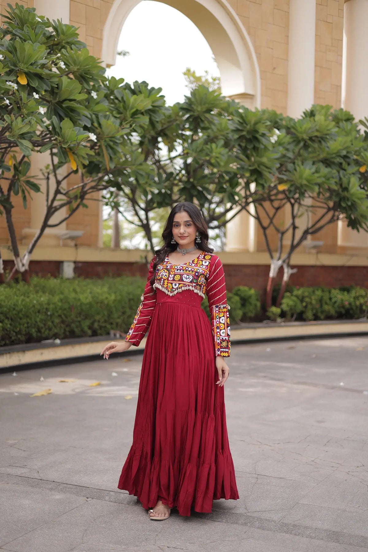 Maroon Gamthi Work Gown With Lace Touch Up