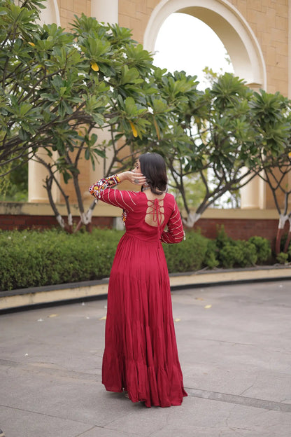 Maroon Gamthi Work Gown With Lace Touch Up