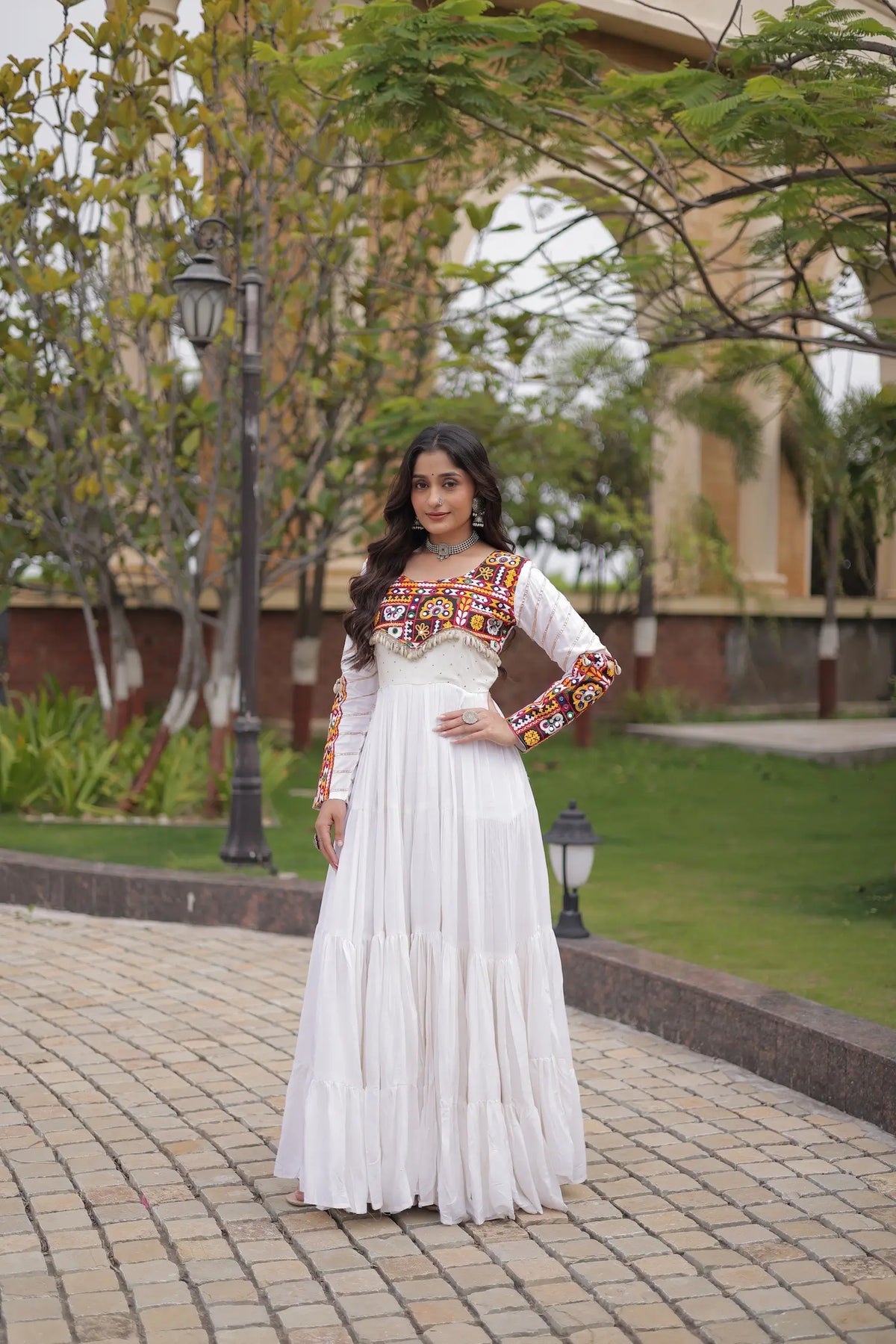 White Gamthi Work Gown With Lace Touch Up