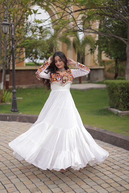 White Gamthi Work Gown With Lace Touch Up