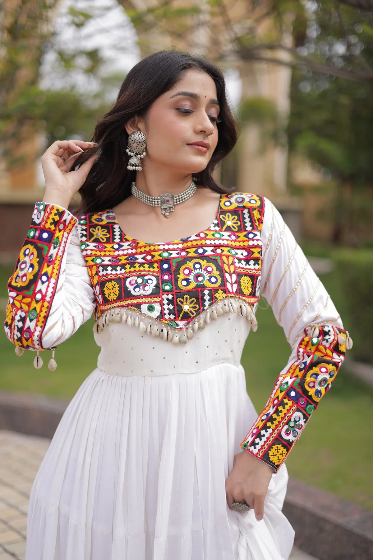 White Gamthi Work Gown With Lace Touch Up