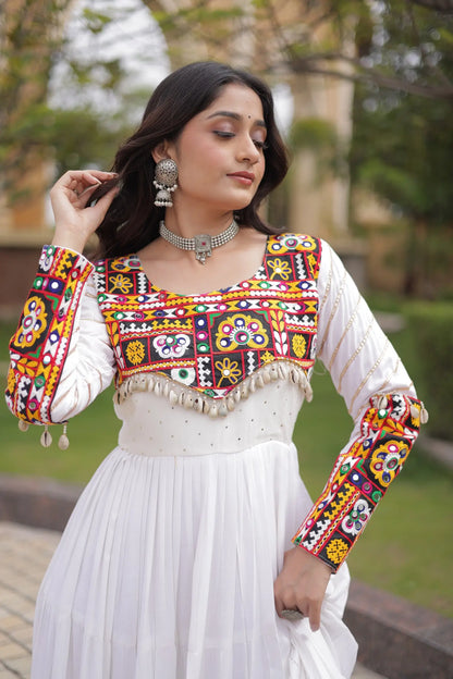 White Gamthi Work Gown With Lace Touch Up