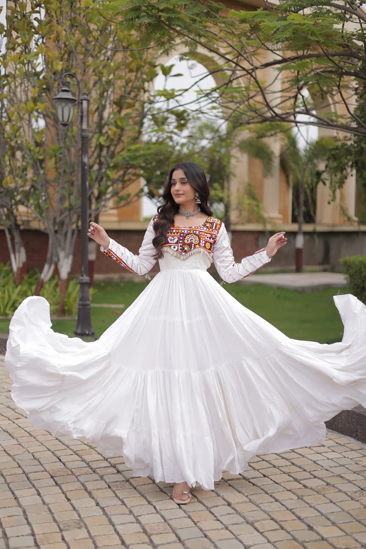 White Gamthi Work Gown With Lace Touch Up