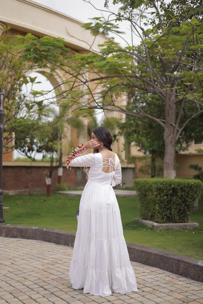 White Gamthi Work Gown With Lace Touch Up