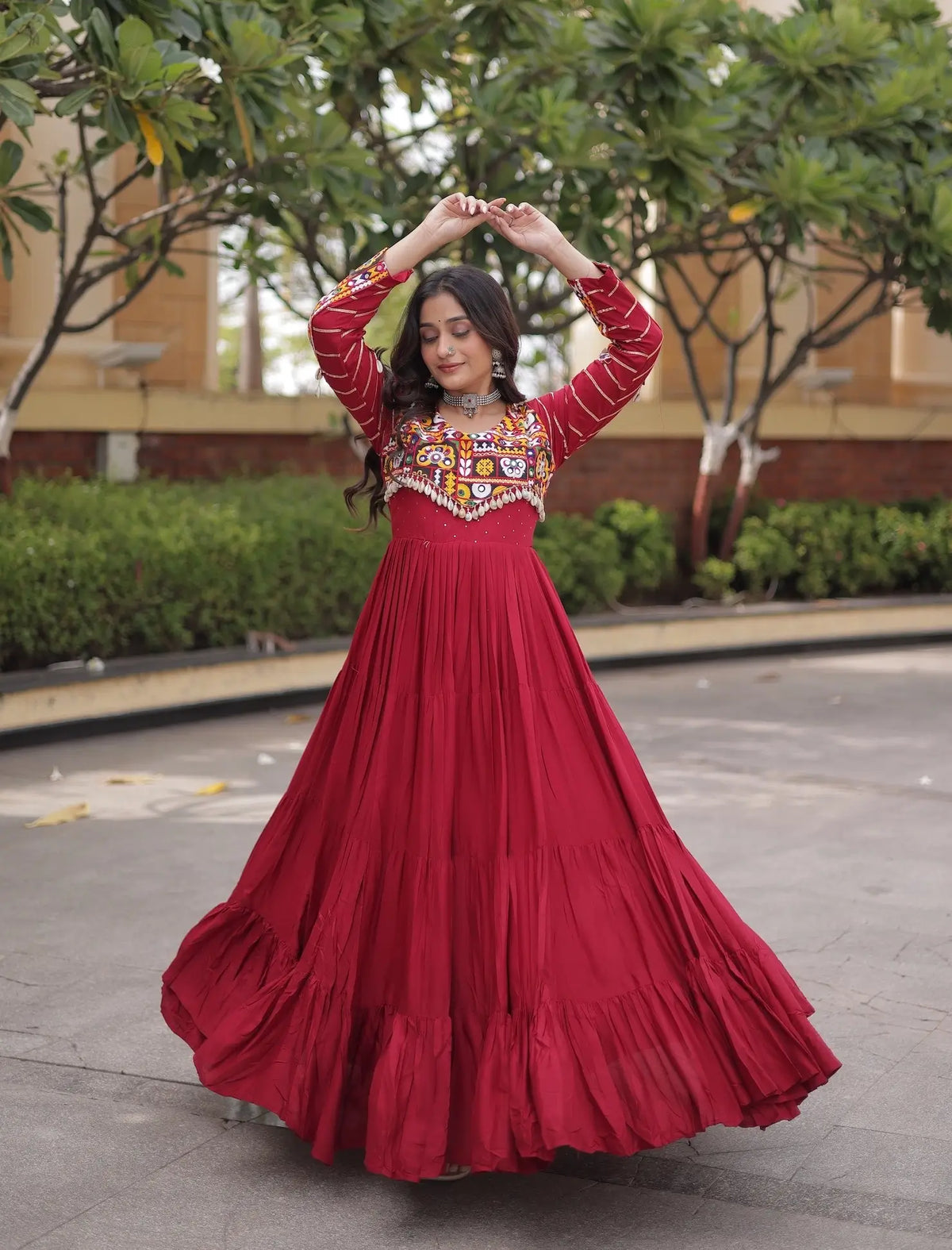 Maroon Gamthi Work Gown With Lace Touch Up