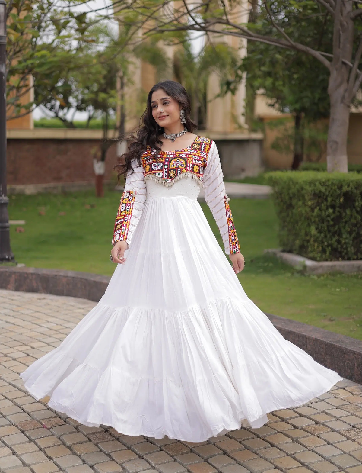 White Gamthi Work Gown With Lace Touch Up