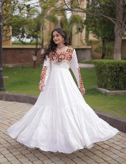 White Gamthi Work Gown With Lace Touch Up