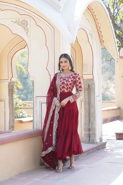 Maroon Designer Sequins Gown with Dupatta | Heavy 12m Flair | Festive & Party Wear