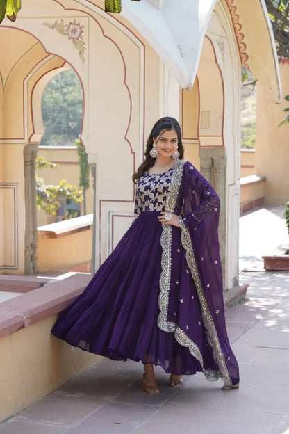 Purple Designer Sequins Gown with Dupatta | Heavy 12m Flair | Festive & Party Wear
