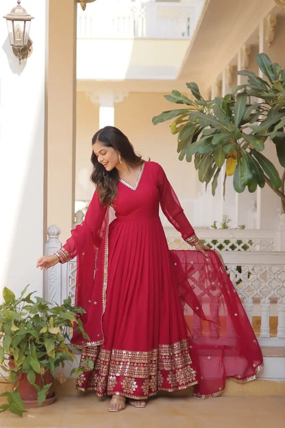Pink Women’s Faux Blooming Embroidered Anarkali Gown with Dupatta