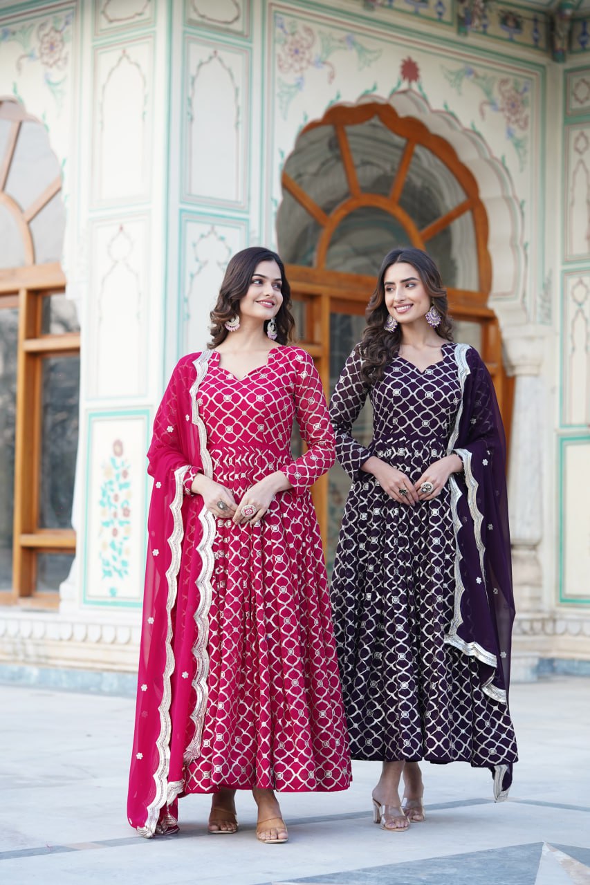 Wine Faux Blooming Sequins Embroidered Anarkali Gown with Dupatta