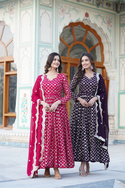 Wine Faux Blooming Sequins Embroidered Anarkali Gown with Dupatta