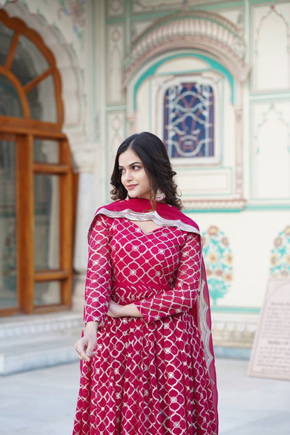 Rani Pink Faux Blooming Sequins Embroidered Anarkali Gown with Dupatta