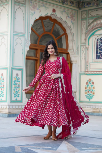 Rani Pink Faux Blooming Sequins Embroidered Anarkali Gown with Dupatta