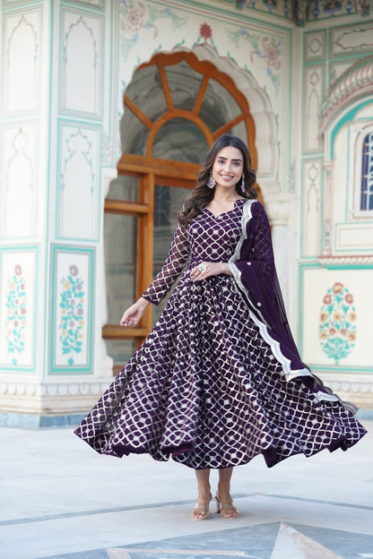 Wine Faux Blooming Sequins Embroidered Anarkali Gown with Dupatta