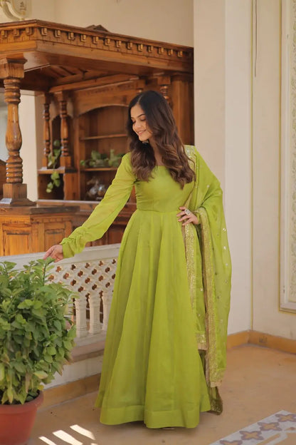 Parrot Green Women’s Russian Silk Anarkali Gown with Sequins Dupatta