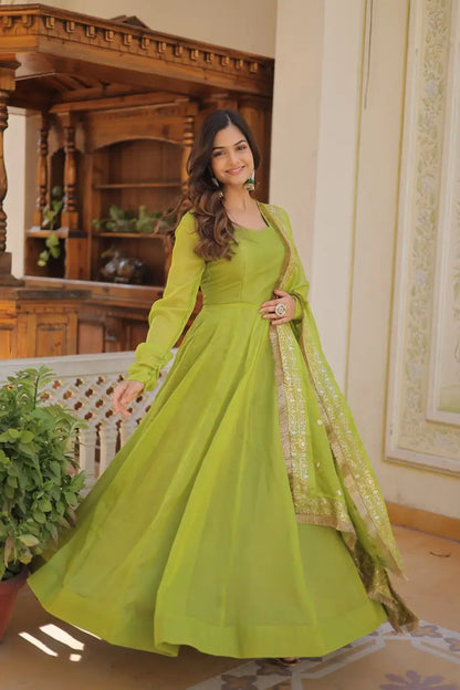 Parrot Green Women’s Russian Silk Anarkali Gown with Sequins Dupatta