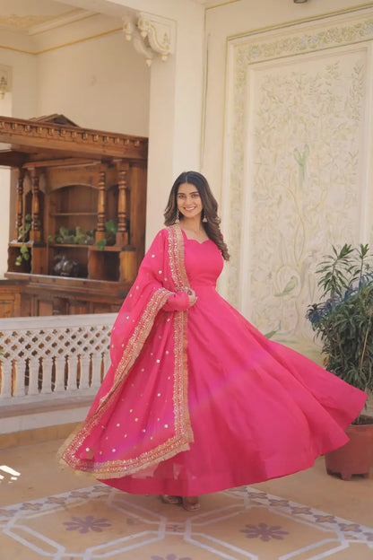 Pink Women’s Russian Silk Anarkali Gown with Sequins Dupatta