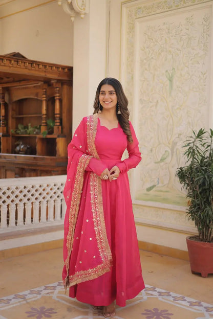 Pink Women’s Russian Silk Anarkali Gown with Sequins Dupatta