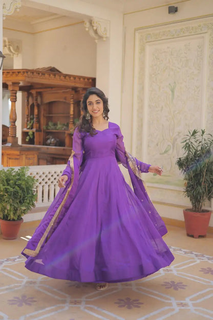 Purple Women’s Russian Silk Anarkali Gown with Sequins Dupatta