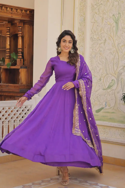 Purple Women’s Russian Silk Anarkali Gown with Sequins Dupatta