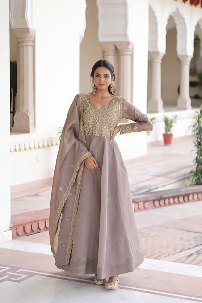 Premium Gold Crush Designer Gown Set in Coffee