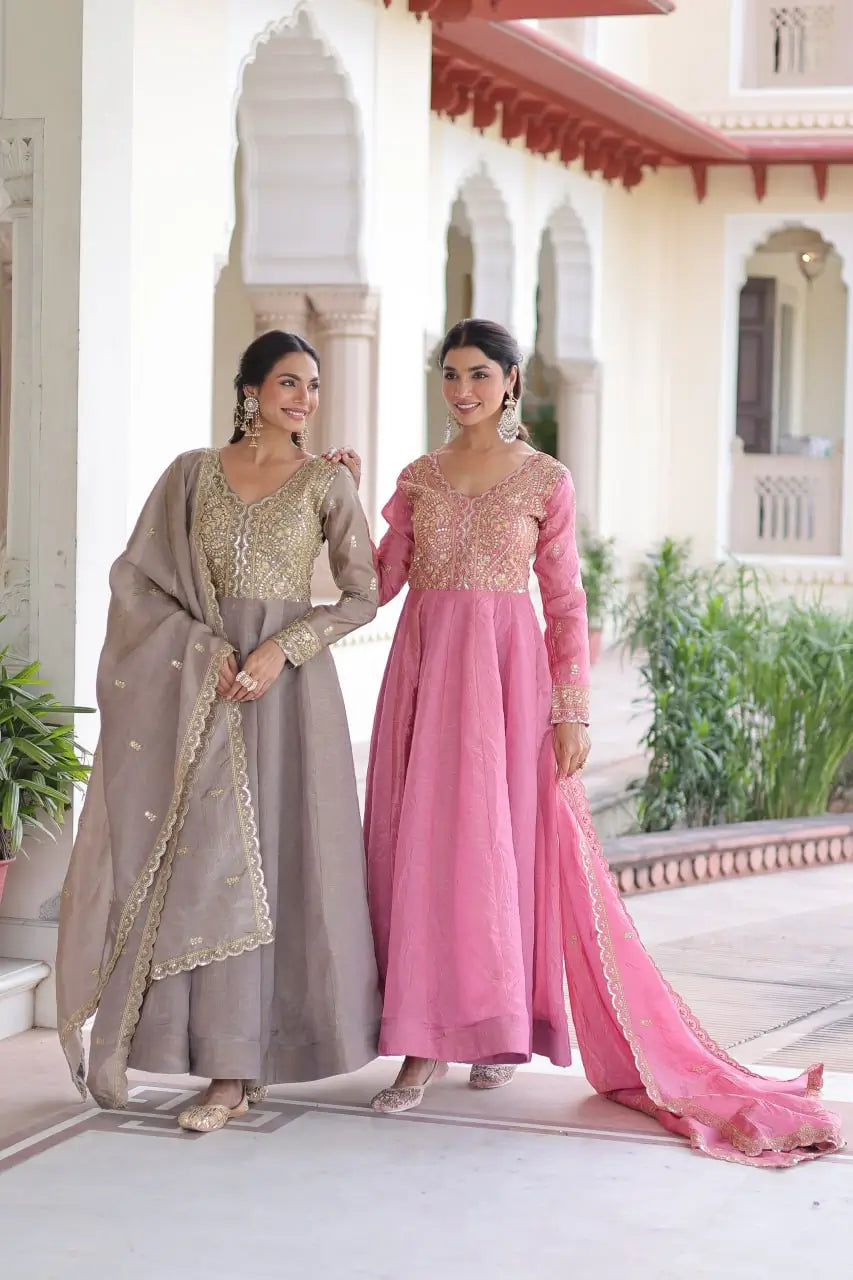 Premium Gold Crush Designer Gown Set in Pink