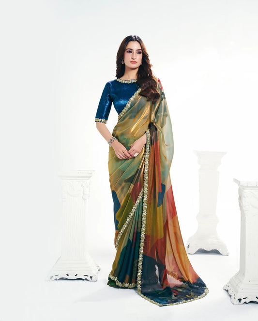 Multicolor Satin Silk Saree With Print & Stone Handwork