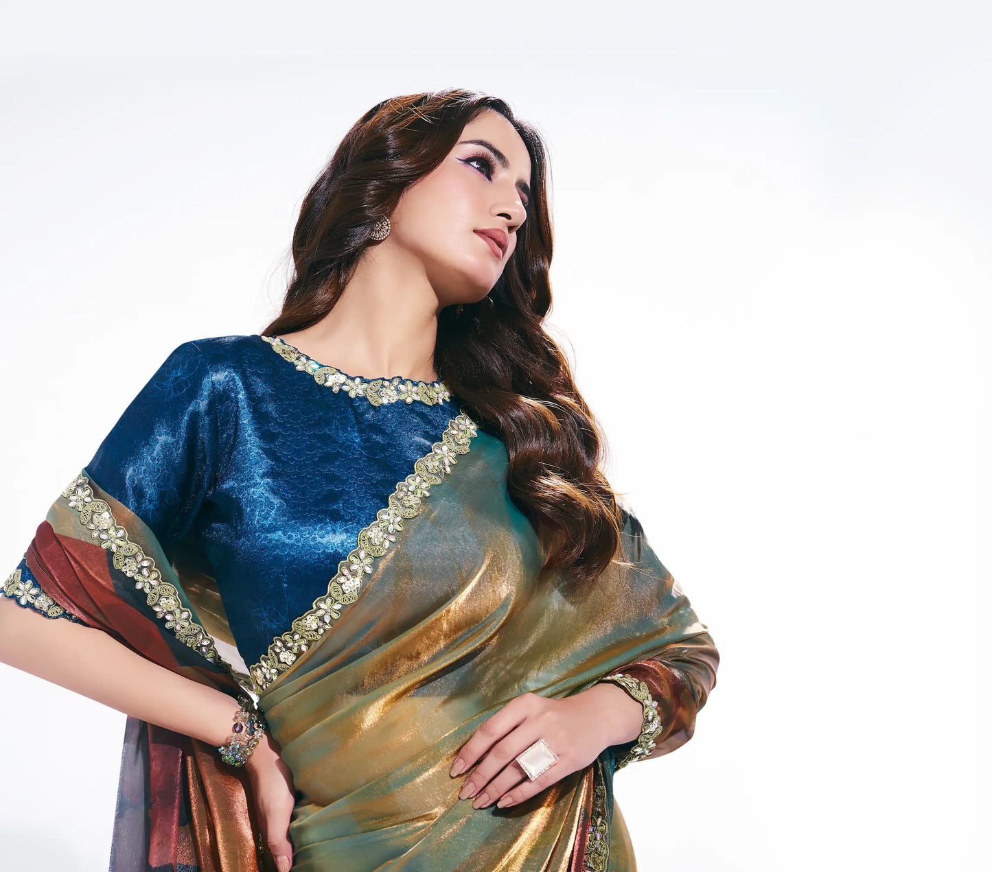 Multicolor Satin Silk Saree With Print & Stone Handwork