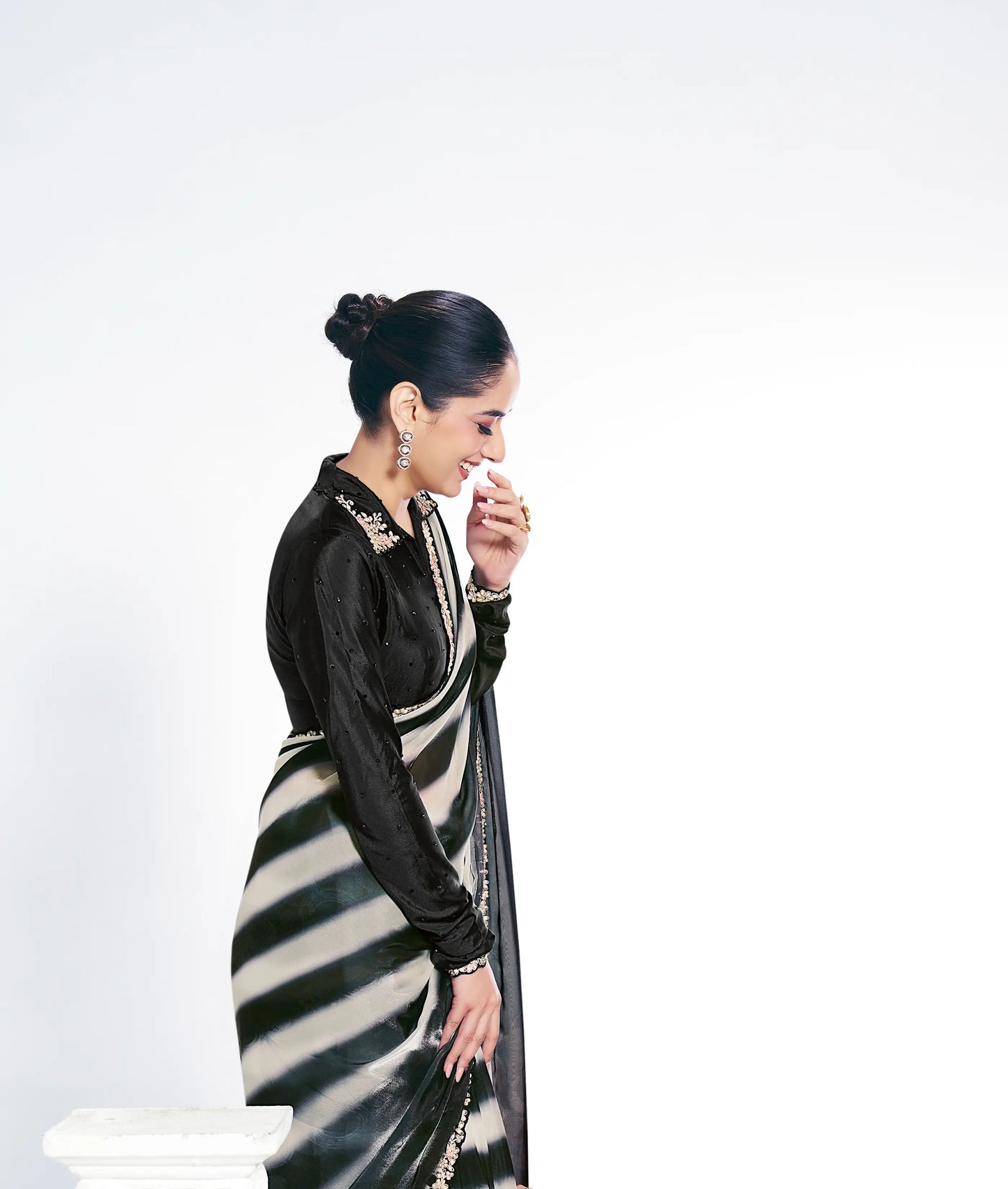 Black Satin Silk Saree With Print & Stone Handwork