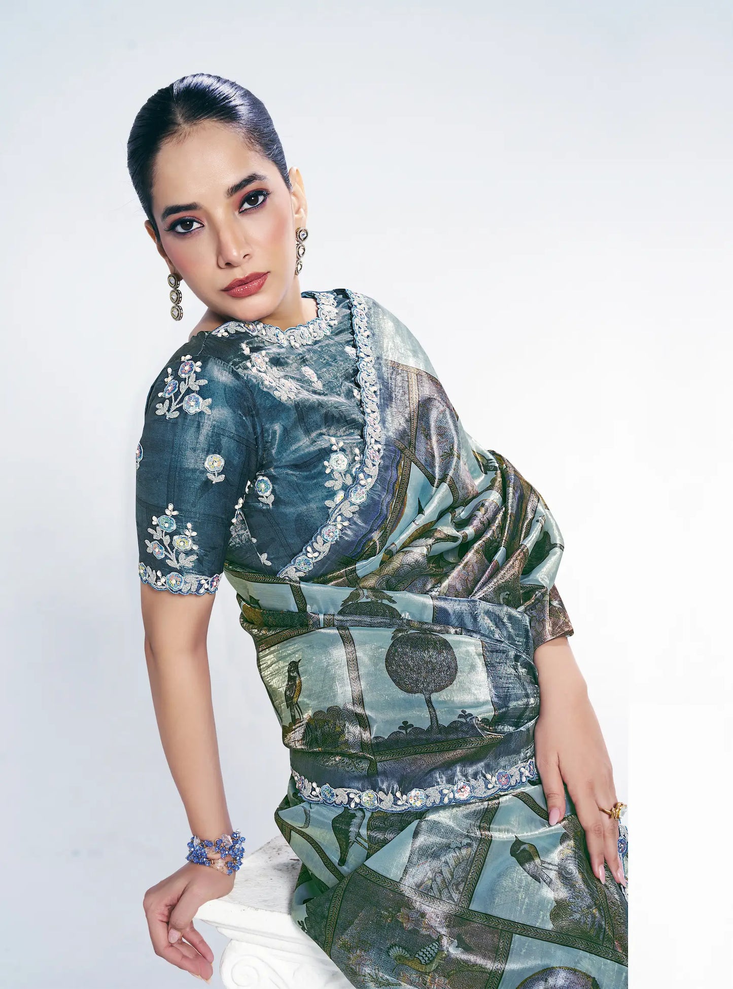 Bluish Grey Paper Silk Saree With Print & Stone Handwork