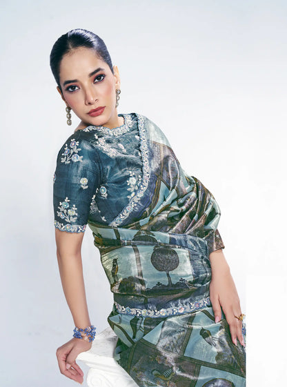 Bluish Grey Paper Silk Saree With Print & Stone Handwork