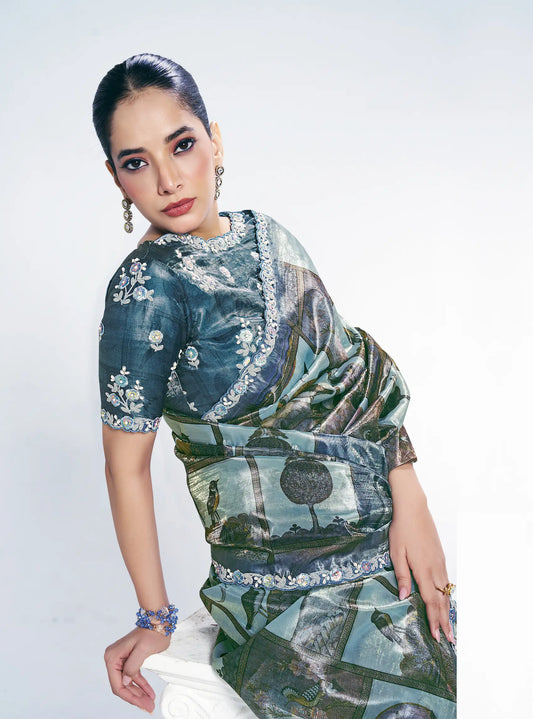 Bluish Grey Paper Silk Saree With Print & Stone Handwork