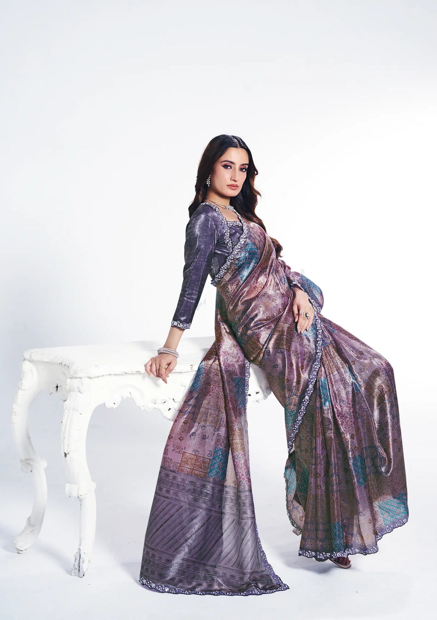 Dark Mauve Paper Silk Saree With Print & Stone Handwork