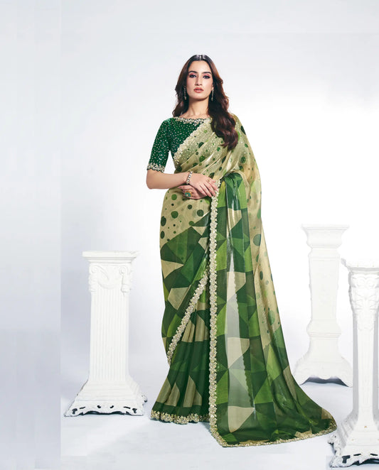 Green Satin Silk Saree With Print & Stone Handwork