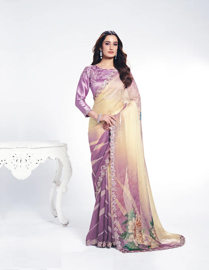 Lavender Satin Silk Saree With Print & Stone Handwork