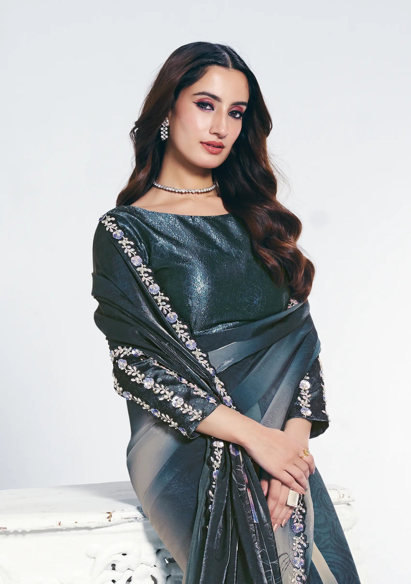 Greyish Teal Satin Silk Saree With Print & Stone Handwork