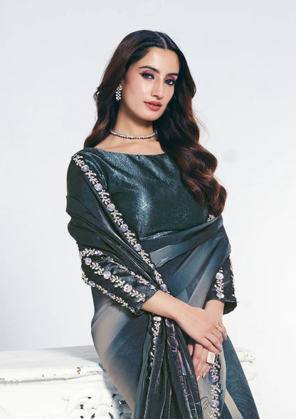 Greyish Teal Satin Silk Saree With Print & Stone Handwork