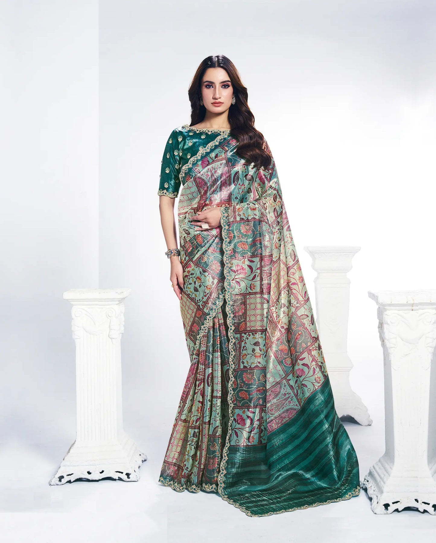Green Paper Silk Saree With Print & Stone Handwork