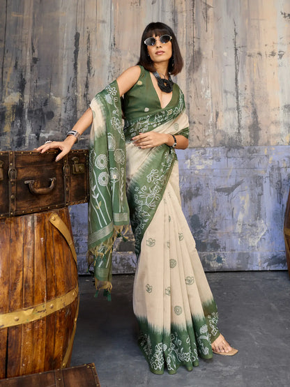 Beige-Green Handloom Cotton Saree