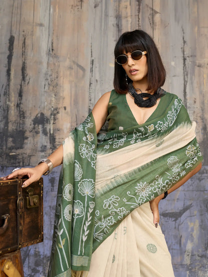 Beige-Green Handloom Cotton Saree