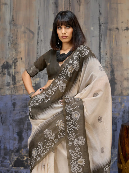 Beige-Black Handloom Cotton Saree
