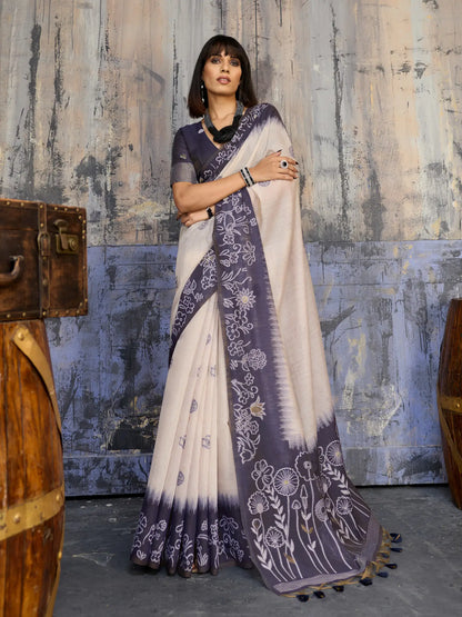 Beige-Blue Handloom Cotton Saree