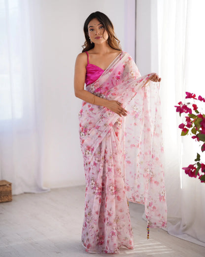 Greyish Pink Floral Printed Organza Saree