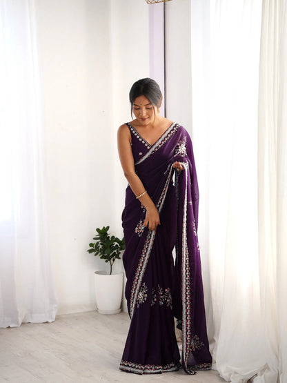 Dark Purple Fendi Silk Hand Work Saree